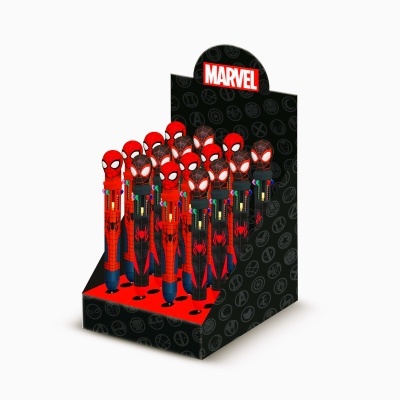 Canetas Homem-Aranha Marvel numa caixa preta de exposição