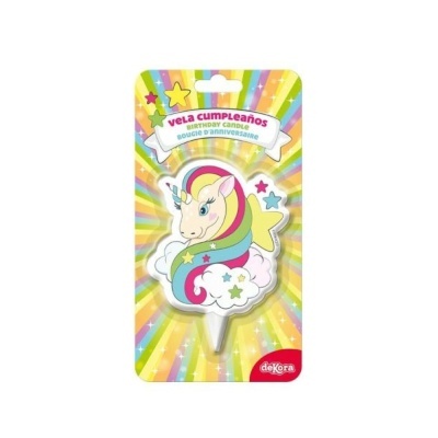 Vela de aniversário unicórnio colorido em embalagem