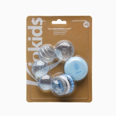 Anel de dentição transparente e azul claro em embalagem castanha Kiokids