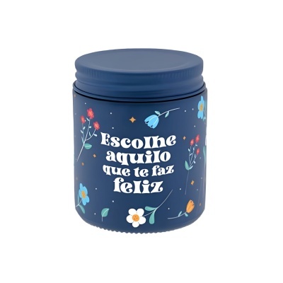 Frasco azul decorado com flores e texto motivacional