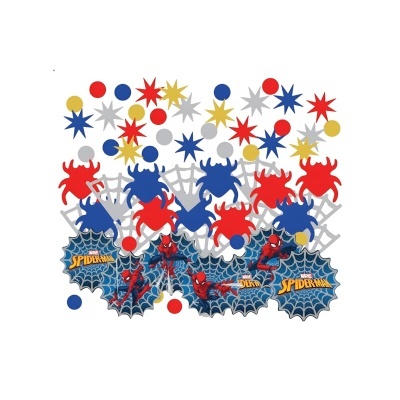 Decoração de festa Spider-Man com aranhas, estrelas, círculos e teias de aranha azuis