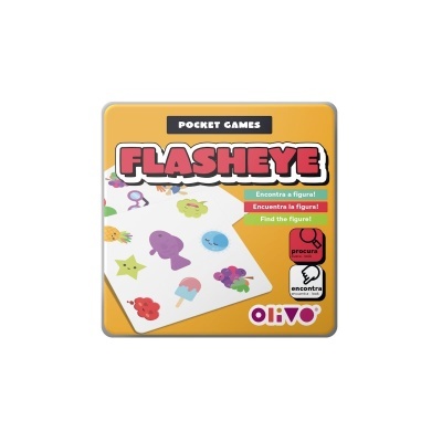 Jogo de cartas FLASHEYE da Olivo com ilustrações coloridas numa caixa amarela.