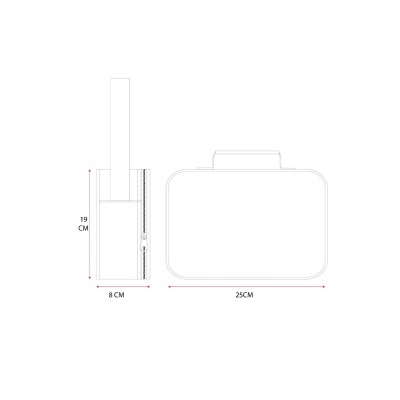 Desenho técnico de mala com alça e medidas