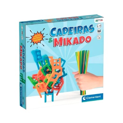 Embalagem azul de jogo de tabuleiro Cadeiras & Mikado com cadeiras coloridas e pauzinhos coloridos