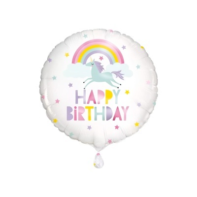 Balão redondo branco com unicórnio e texto Happy Birthday colorido