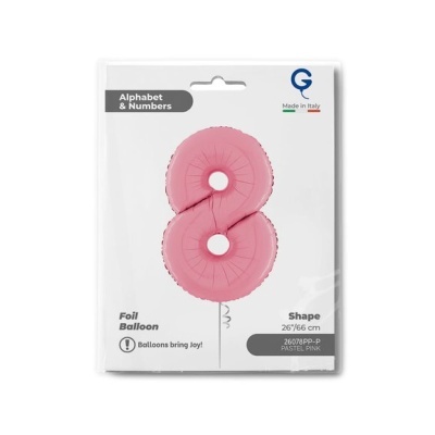 Balão rosa em forma do número 8 em embalagem branca com texto