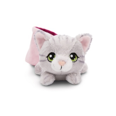 Pantufas infantis de gato cinzento com interior rosa e olhos verdes