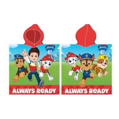 Capa de chuva infantil vermelha com personagens da Patrulha Pata e texto ALWAYS READY