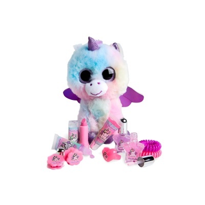 Pelúcia de unicórnio colorido e acessórios de maquilhagem rosa