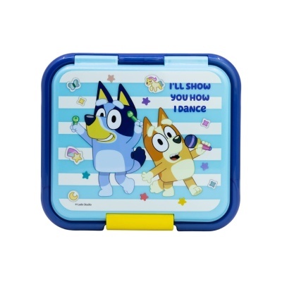 Caixa de plástico decorada com personagens animados e texto I'LL SHOW YOU HOW I DANCE