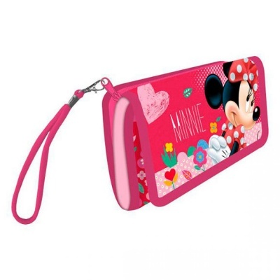 Carteira rosa da Minnie Mouse com estampa colorida e alça de mão