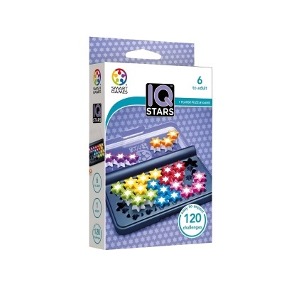 Jogo IQ Stars da Smart Games com peças em forma de estrelas coloridas e embalagem lilás e branca