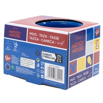 Caixa com caneca azul Disney Mickey Mouse e texto multilingue na embalagem