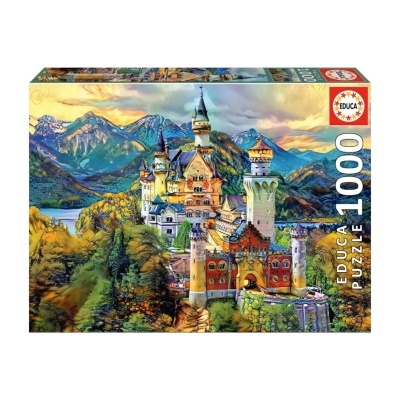 Caixa de puzzle Educa 1000 peças com imagem de castelo em montanhas e floresta