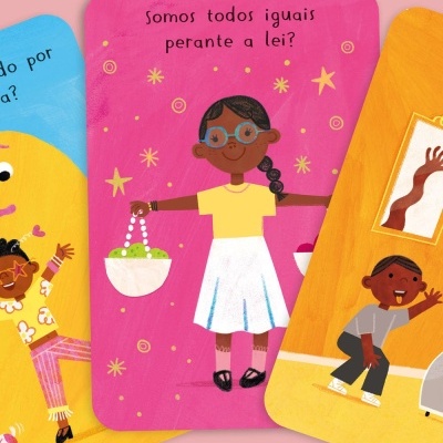 Cartas coloridas com ilustrações infantis e texto em português sobre igualdade perante a lei.
