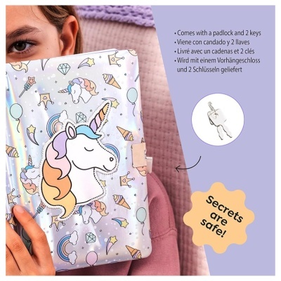 Estojo holográfico com desenho de unicórnio e cadeado com chaves