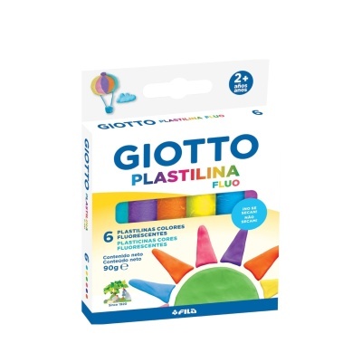 Embalagem branca de plastilina Giotto com seis cores fluorescentes e texto em espanhol e português.