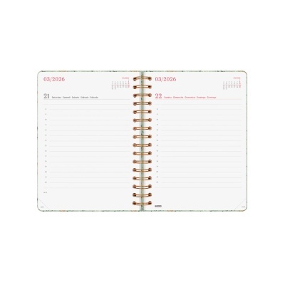 Agenda aberta para os dias 21 e 22 de março de 2026 com espiral dourada