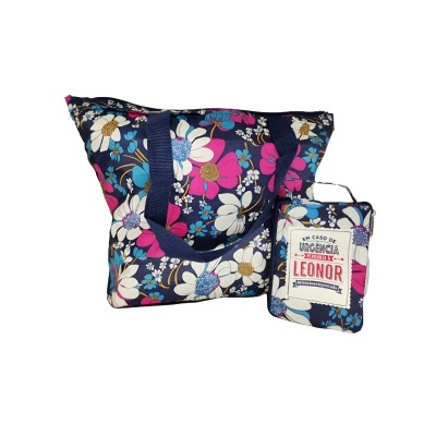 Conjunto de mala e bolsa floral com etiqueta de contato de urgência
