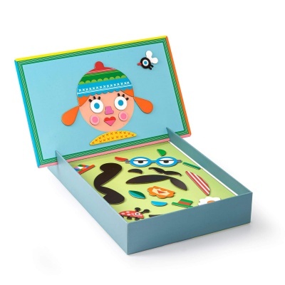 Caixa de jogo infantil com peças de imã para montar rostos coloridos
