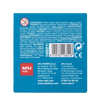 Etiqueta azul de advertência com texto e contactos da marca APLI kids