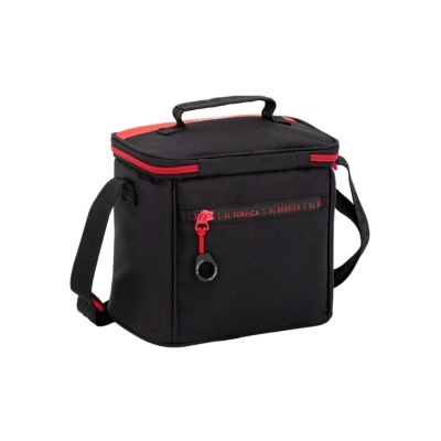 Bolsa térmica preta com detalhes vermelhos e texto SL BENFICA