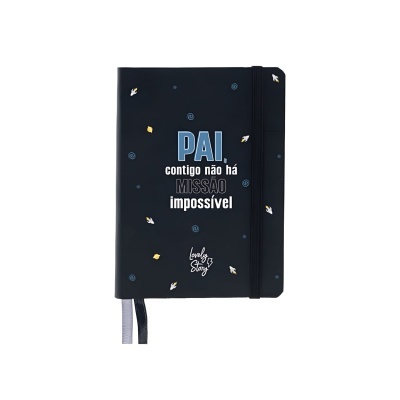 Caderno preto com texto para pai e padrão de folhas