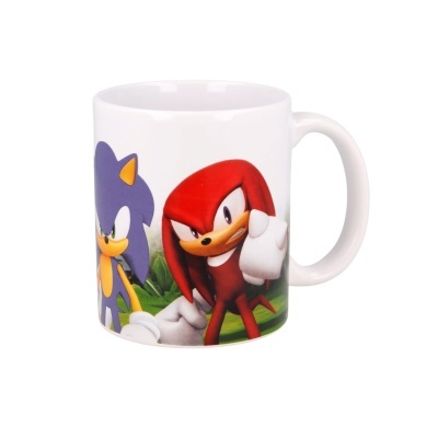 Caneca branca com personagens Sonic e Knuckles coloridos