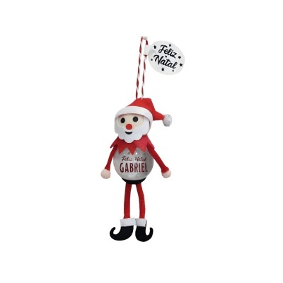 Enfeite de Natal boneco tecido vermelho e cinza com texto Feliz Natal GABRIEL