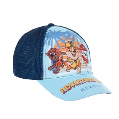 Boné infantil azul claro com cães animados e texto ADVENTURE HEROES