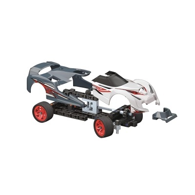 Kit para montar um carro de brinquedo com rodas vermelhas e capas cinza e brancas