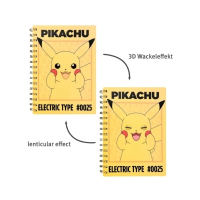 Cadernos espiral amarelos com image lenticular 3D do Pikachu na capa e texto PIKACHU ELECTRIC TYPE #0025