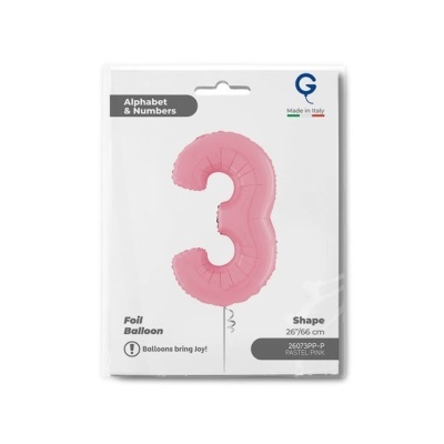 Balão cor-de-rosa em forma do número 3 em embalagem com texto e selo Made in Italy