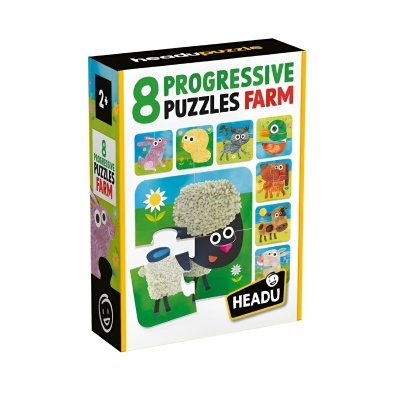 Caixa de oito puzzles progressivos com imagens de animais de quinta para crianças, com destaque para cordeiro felpudo e texto no topo.