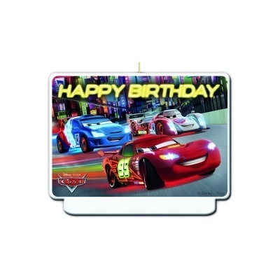 Vela de aniversário com carros animados e texto HAPPY BIRTHDAY.