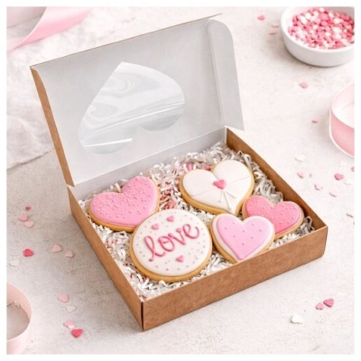 Caixa de bolachas decoradas com glacê em forma de coração e redonda com a palavra love