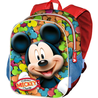 Mochila infantil vermelha com imagem do Mickey Mouse e padrão colorido