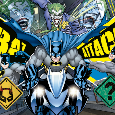Ilustração do Batman em ação com texto 'BAT ATTACK' e sinais de trânsito estilizados.