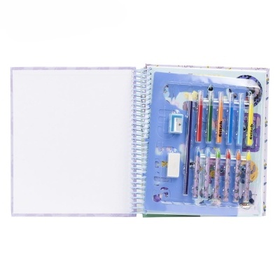 Conjunto de material de desenho infantil com estojo em espiral e itens em plástico azul