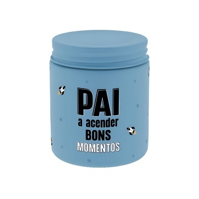 Frasco azul com texto PAI a acender BONS MOMENTOS e pequenos foguetes