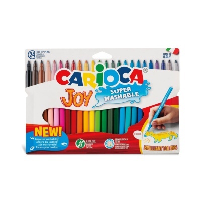 Conjunto de marcadores de feltro CARIOCA JOY SUPER WASHABLE com 24 cores numa embalagem colorida e transparente.