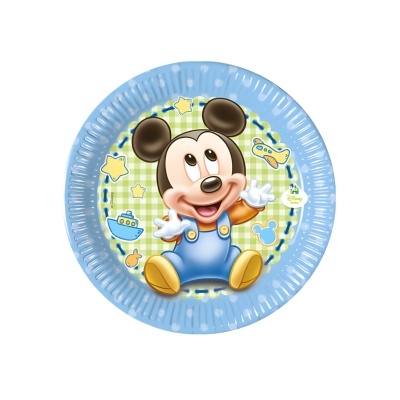 Prato descartável azul com estampa de Mickey Mouse e desenhos infantis