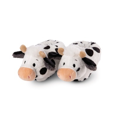 Pantufas peluche com padrão vaca e cabeças de vaca