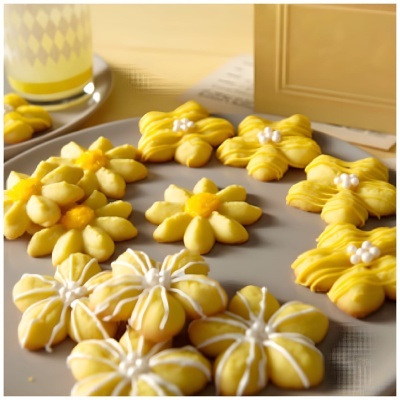 Biscoitos em forma de flores com glacê amarelo e branco num prato cinza claro