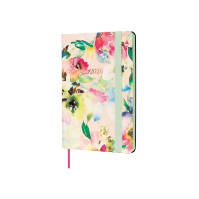 Agenda anual 2026 com capa floral e fecho elástico verde