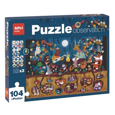 Caixa de puzzle APLI kids com 104 peças e poster, imagem colorida de animais numa cena noturna musical
