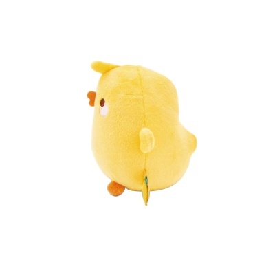 Pelúcia amarelo pintinho vista lateral com bico e pés laranja