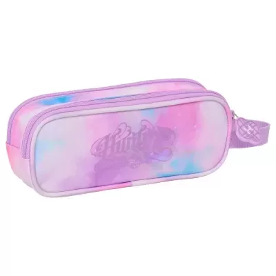 Estojo escolar retangular cor-de-rosa, roxo e azul com logo Huntix