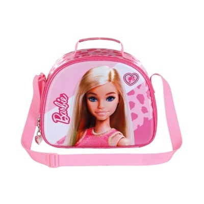 Mochila rosa com imagem da Barbie e padrão animal print.