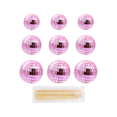Nove bolas discoteca pequenas rosa metalizadas com palitos de madeira em saco transparente